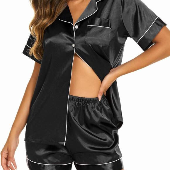 Women’s Silk Satin Pajama Set Soft Short Sleeve Shorts Pjs Button Down 2 Piece S - Picture 1 of 5
